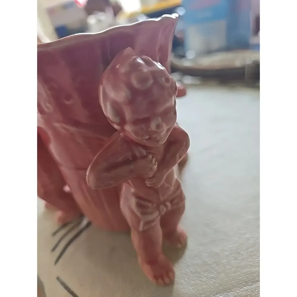 Vtg Ceramic Japan 3-Cherub Angels Planter w/ Scalloped Rim /w Damage